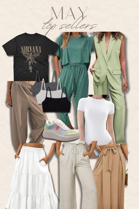 Top sellers from May! I’m 5’1”, size 10-12.
•NIRVANA TEE: I sized up to an XL for oversized fit and so that I could tie it at the waist.
•GREEN LOUNGE SET: true to size, I wear the large.
•GREEN SLEEVELESS SUIT SET: true to size, I wear the large.
•ALL OTHER BOTTOMS: size up! They all run small in the waist. I wear an XL all.
•WHITE BODYSUIT: true to size, I wear the large.
•CAMI BRAS: no wires, no padding, I size up in these!
•SHOES: true to size 


#LTKMidsize #LTKStyleTip #LTKFindsUnder50