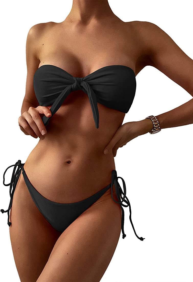 Women's Floral Print Bandeau Bikini Set High Cut Strapless Knot Front Swimsuit Sexy Bathing Suit | Amazon (US)