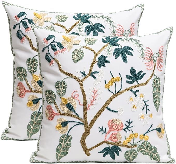 Pilmandu Pack of 2 Embroidered Decorative Throw Pillow Cover 18x18 Inch Farmhouse Floral Pillowca... | Amazon (US)