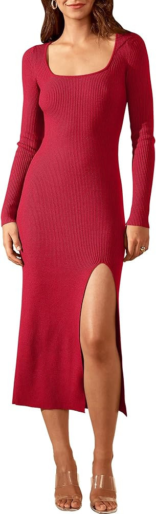 ANRABESS Women's 2023 Fall Long Sleeve Sweater Dress Square Neck Side Slit Bodycon Ribbed Knit Sl... | Amazon (US)