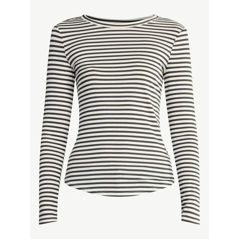 No Boundaries Crew Ribbed Tee with Long Sleeves, Women's - Walmart.com | Walmart (US)