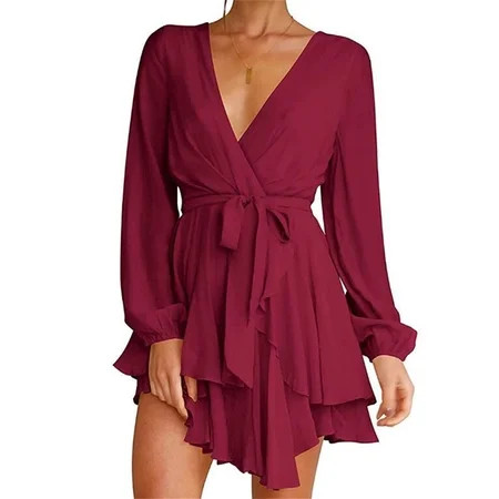 FOCUSNORM Women s Dress Deep V-Neck Waist Tie Ruffle Mini Dresses Tshirt Wrap Dress Tie Waist Shift  | Walmart (US)