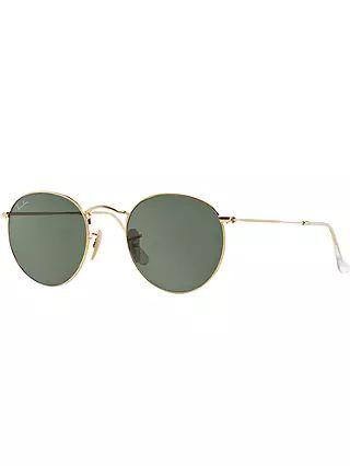 Ray-Ban RB3447 Round Metal Sunglasses, Gold/Green | John Lewis UK