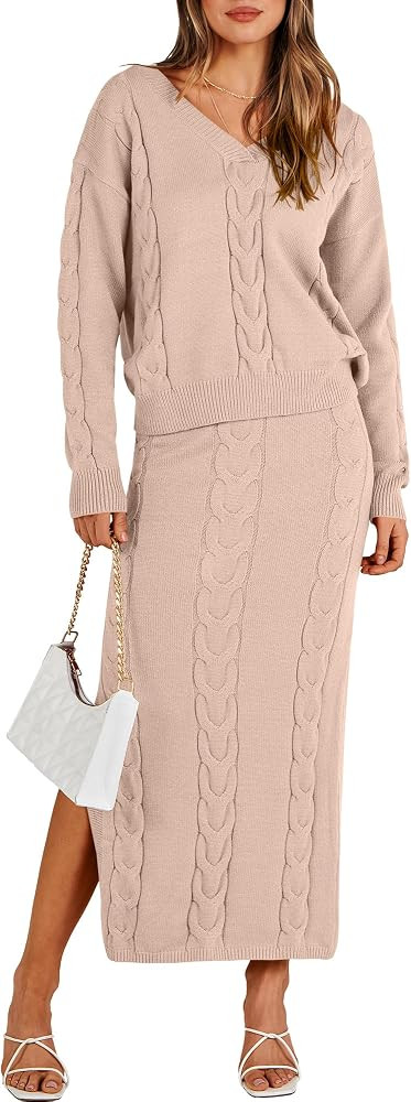 ANRABESS Women's Casual Two Piece Outfits Long Sleeve Cable Knit Top and Bodycon Maxi Skirt Pullo... | Amazon (US)