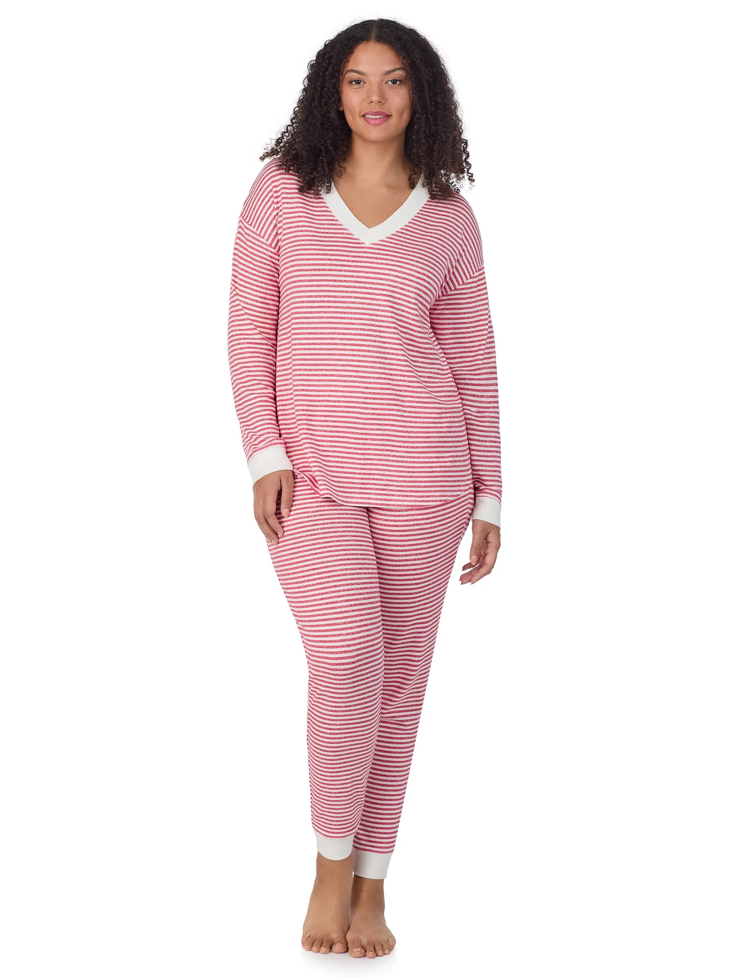 Aria Women’s Brushed Jersey V-Neck Long Sleeve and Jogger 2pc Sleepwear Set, Sizes XS-4X | Walmart (US)