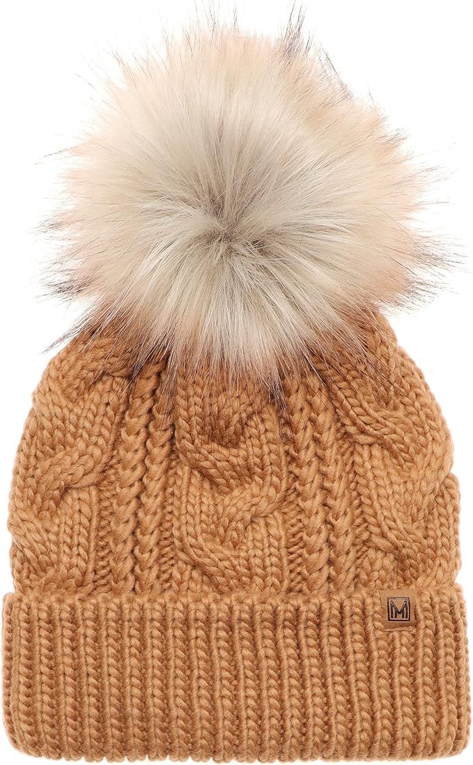 MIRMARU Kids Youth Boys & Girls Ages 7-12 Winter Thick Stretchy Cable Knitted Pom Pom Beanie Hat | Amazon (US)