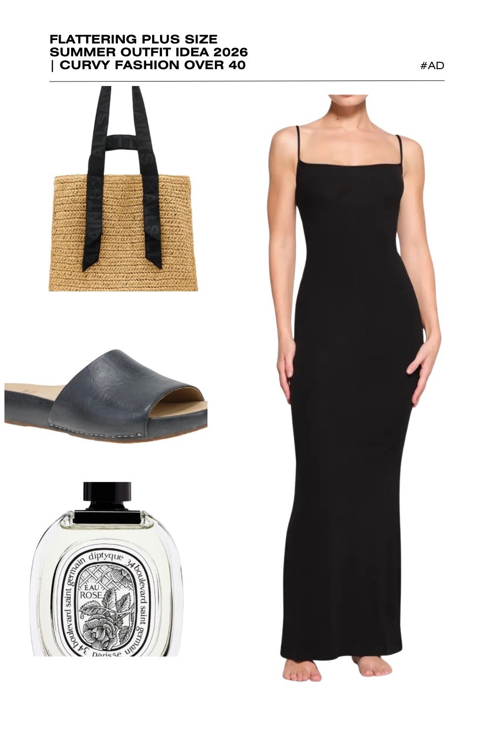 Searching for the perfect black plus size summer outfit for 2026? This flattering bodycon maxi dress is a capsule wardrobe essential for curvy fashion over 40. Featuring a chic square neckline and delicate spaghetti straps, this sleek silhouette is designed to hug your curves in all the right places, making it perfect for a summer date night or casual city style.
We’ve styled this minimalist black dress with an AllSaints straw tote bag featuring signature logo straps and effortless black leather slide sandals. The look is finished with the sophisticated, fresh floral scent of Diptyque Eau Rose. Discover how to style a black slip dress for summer with elevated accessories. #PlusSizeFashion #BlackMaxiDress #SummerOutfits2026 #MinimalistStyle #CurvyFashion #Diptyque #AllSaints #90sAesthetic
