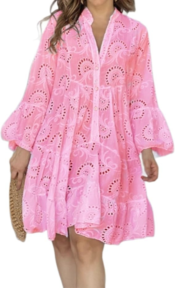 Floral Dress Hollow Carved Lace Boho Solid V Neck Sundresses for Womens Beach Vacation Wear for W... | Amazon (US)