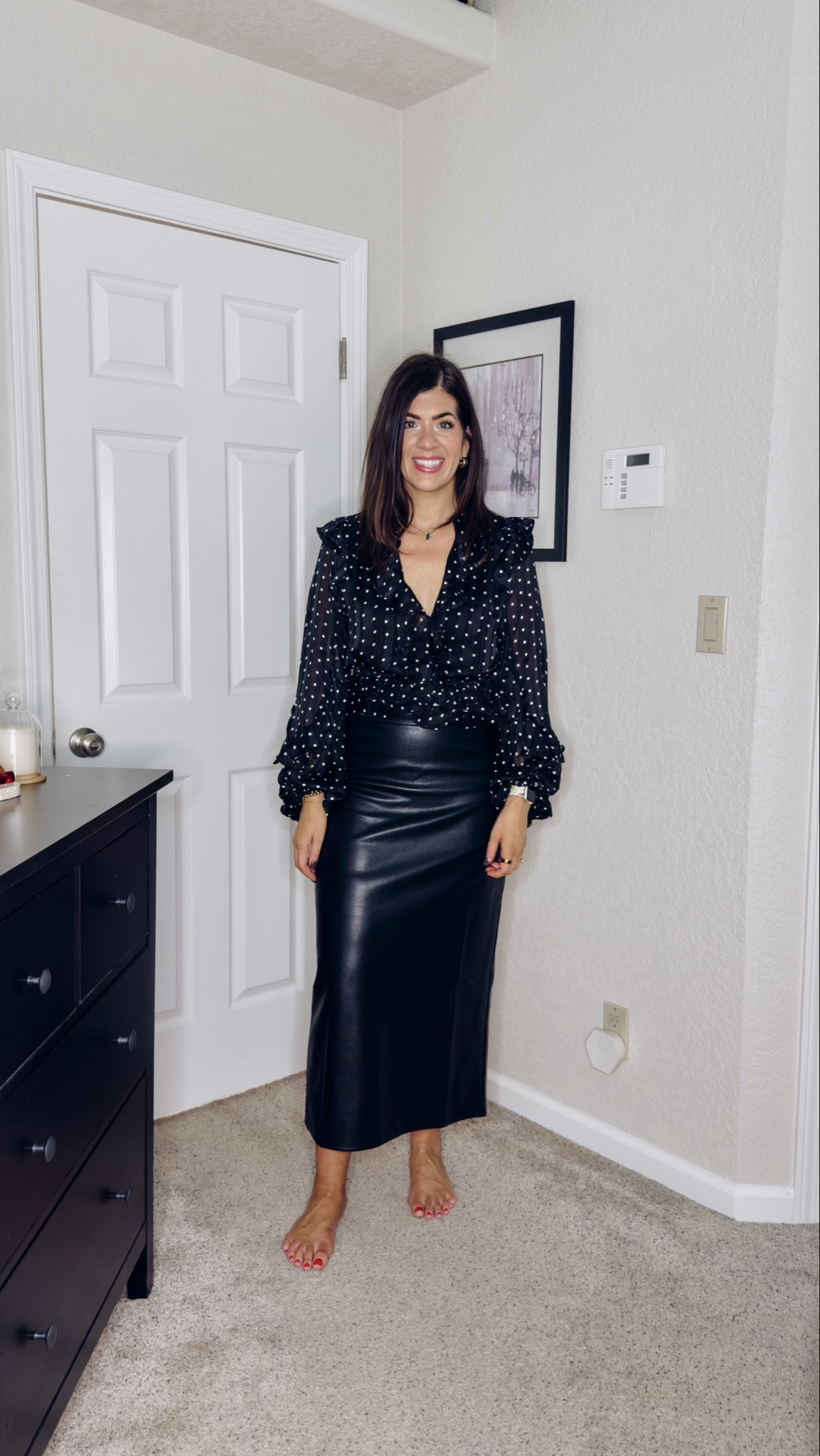 Anthro try on
In a 6 in the polka dot sheer top- runs big
In a medium faux leather midi skirt 

#LTKOver40 #LTKStyleTip #LTKMidsize