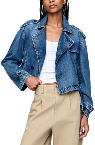 Majdan Women's Cropped Denim Trench Coat Notch Collar Jean Jacket Double Breasted Coats with Pock... | Amazon (US)
