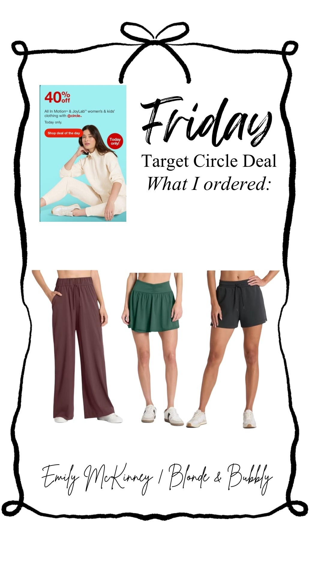 Friday’s Target Circle Week Deal 🎯
40% off select active wear. Purchased these bottoms for under $20 each! 

#LTKActive #LTKFindsUnder50 #LTKSaleAlert