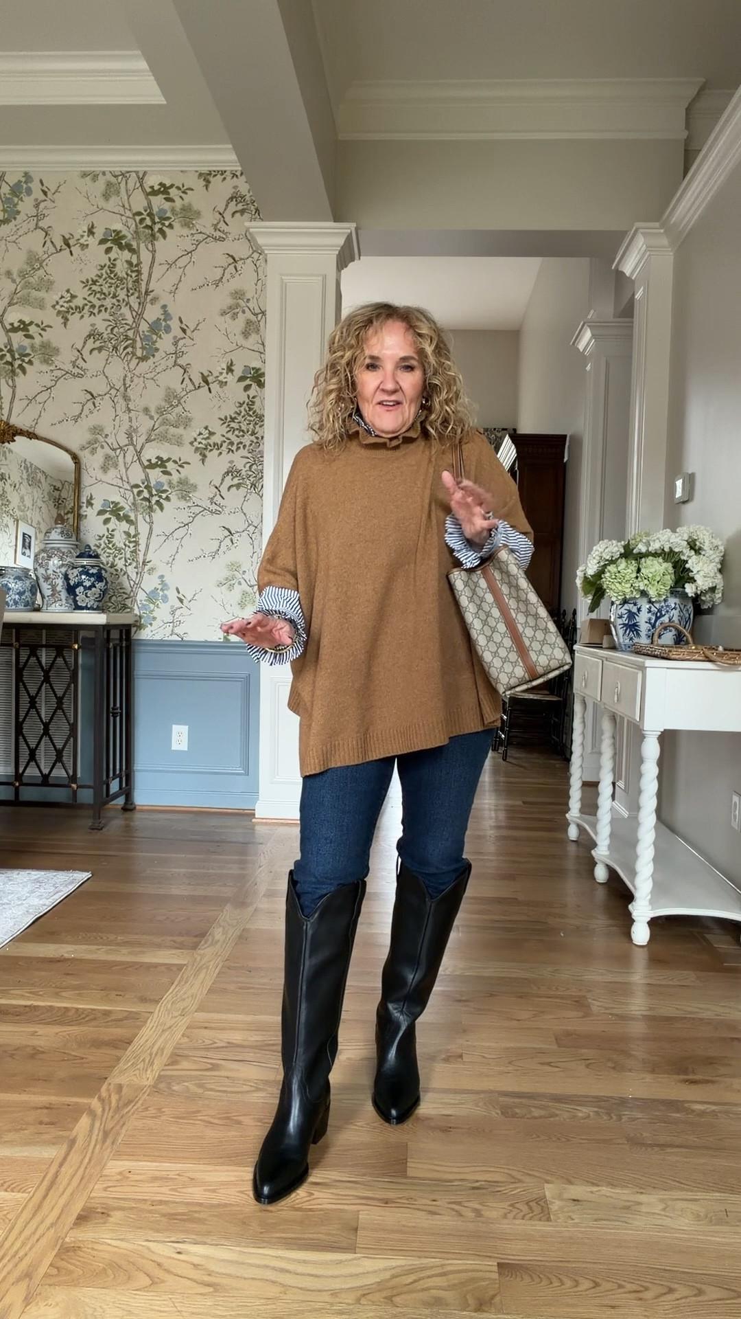 Thoughts on the tall boots and jeans? I think this poncho and tailored blouse is a fresh take! 
Boots I ordered a 9. I’m usually a 9.5 
Blouse size medium 
35% off my jewelry Allie & Bess NANETTE35

Winter outfit poncho black boots @quince @jcrewfactory

#LTKSaleAlert #LTKOver40 #LTKSeasonal
