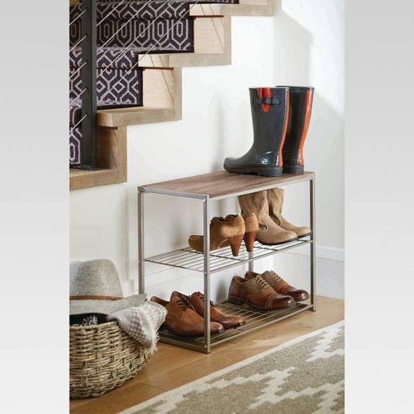 Click for more info about 3 Tier Shoe Rack with Rustic Oak Finish Top Gray Metal - Threshold™
