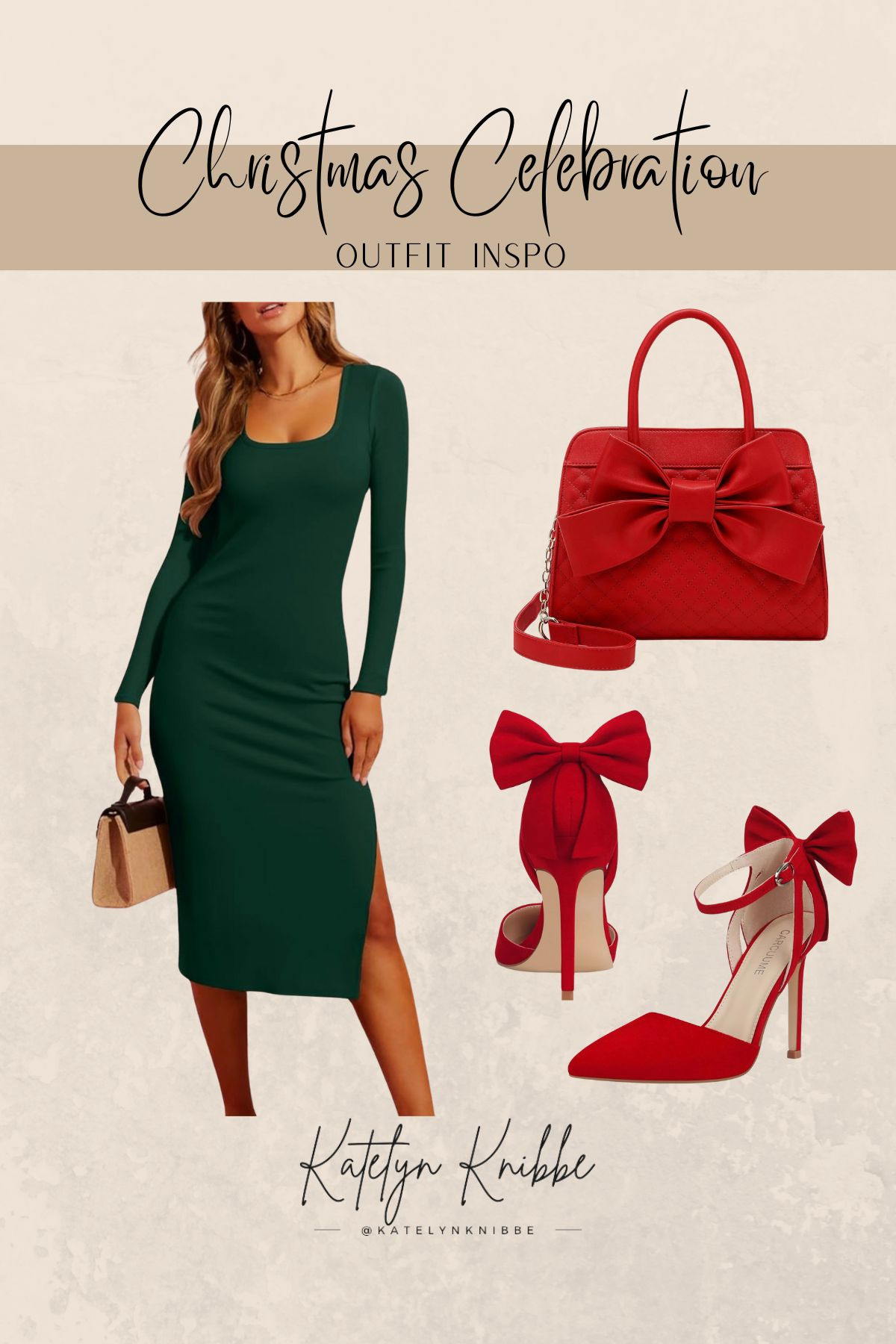 Here's some Christmas outfit inspiration in case you have holiday photos coming up: a Green fitted dress, red heels with a bow, and a red purse with a bow. All are from Amazon and very affordable options!  

 #LTKHoliday #LTKSeasonal #LTKFindsUnder50