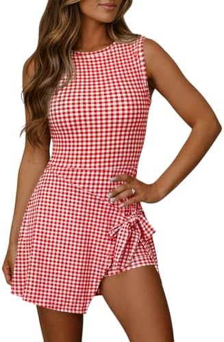 Wenrine Womens Summer Backless Mini Dress Gingham Wrap Tie Waist Romper Skort Built in Shorts Vac... | Amazon (US)