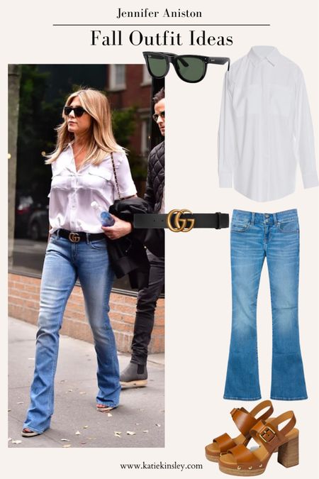 Jennifer Aniston fall outfit idea: flare jeans, Gucci belt, white button up top, platform sandals

#LTKstyletip #LTKSeasonal #LTKFind