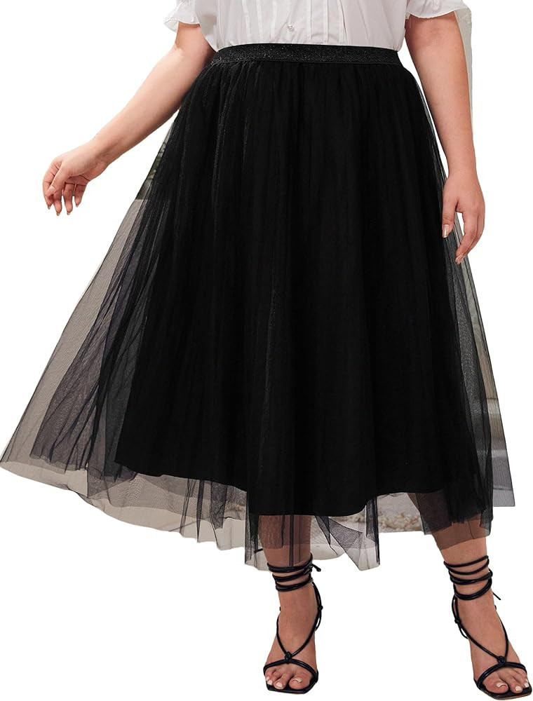 Floerns Women's Plus Size Heart Printed Contrast Mesh Frill Trim Flared Midi Skirt | Amazon (US)