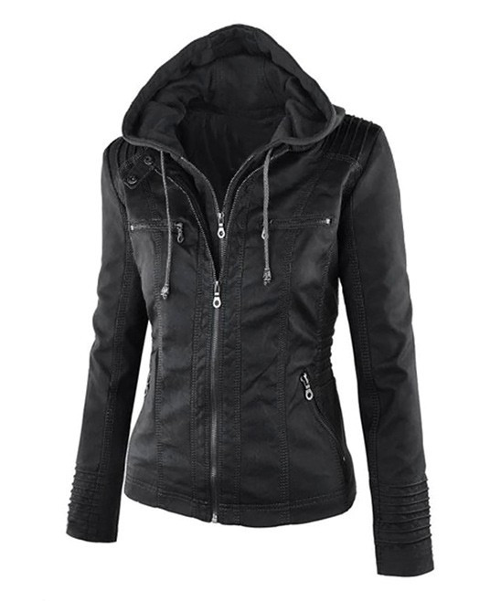 Red Love Women's Leather Jackets Black - Black Hooded Moto Jacket - Women | Zulily