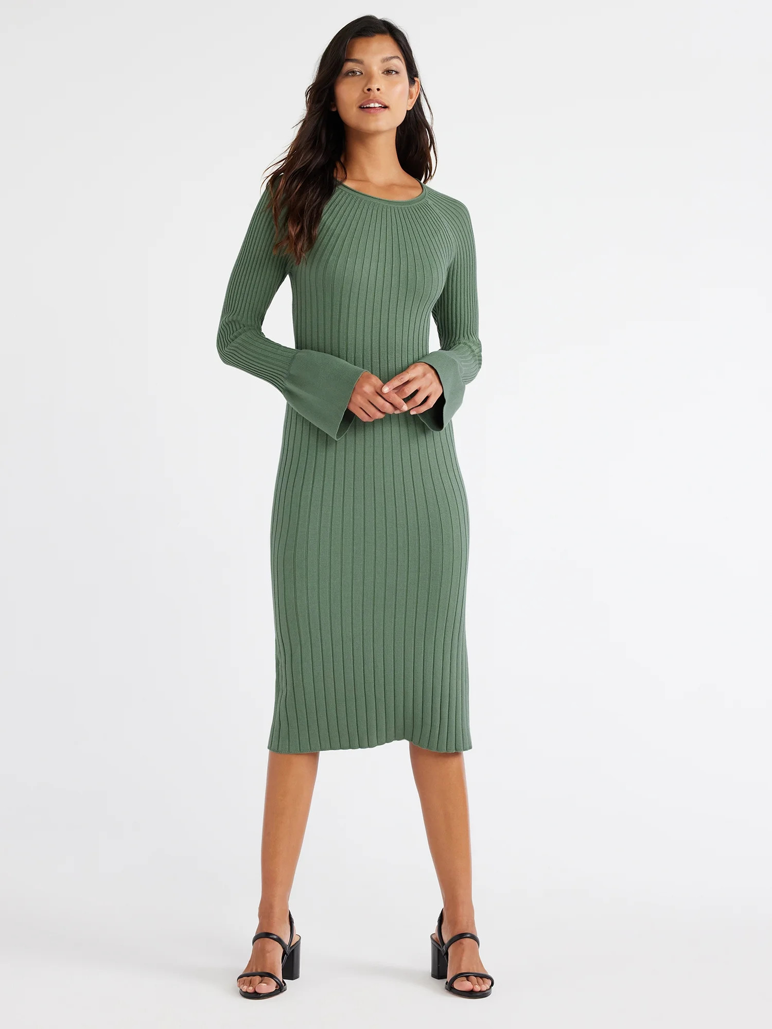 Free Assembly Women's Radiating Ribbed Midi Dress with Long Sleeves, Sizes XS-XXXL - Walmart.com | Walmart (US)