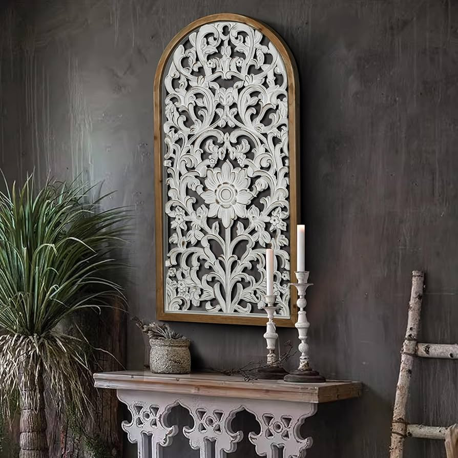 WREVERW Rustic Boho Arched Wood Wall Art, Hand-Carved Floral Pane     Distressed white finish, vi... | Amazon (US)