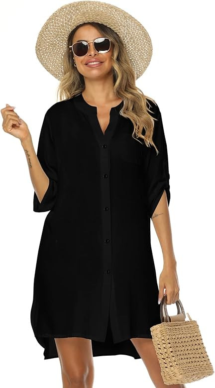 SimpleFun Women's Swimsuit Cover Ups Shirt 3/4 Sleeve Button Down Bathing Suit Beach Dresses | Amazon (US)