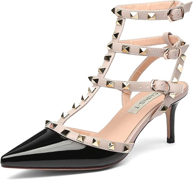 Women's Studded Kitten Heels Gold Stud Heeled Sandals 2.5 Inch Mid Heel Pointed Toe Strappy Buckl... | Amazon (US)