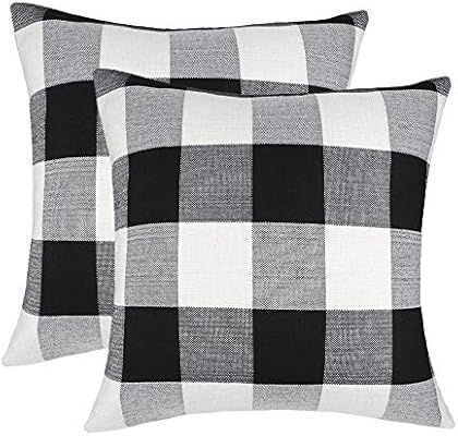 4TH Emotion Set of 2 Farmhouse Buffalo Check Plaid Throw Pillow Covers Cushion Case Cotton Linen ... | Amazon (US)