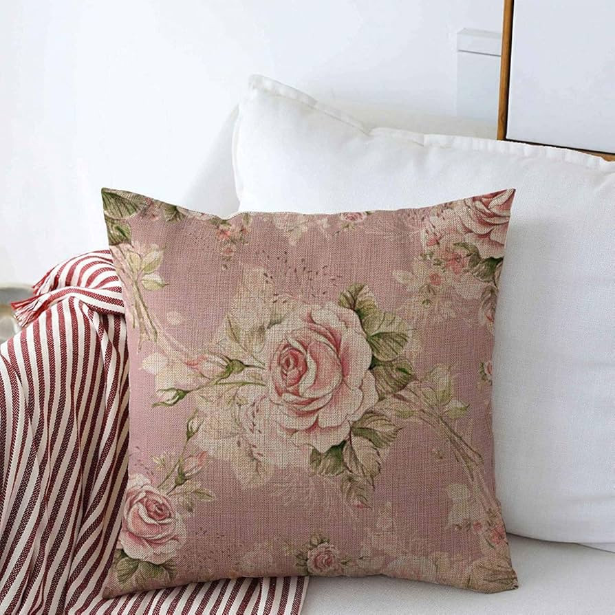 Pillow Case Floral Pink Watercolor Roses Bud Abstract Leaf Flower Pattern Vintage Shabby Summer C... | Amazon (US)