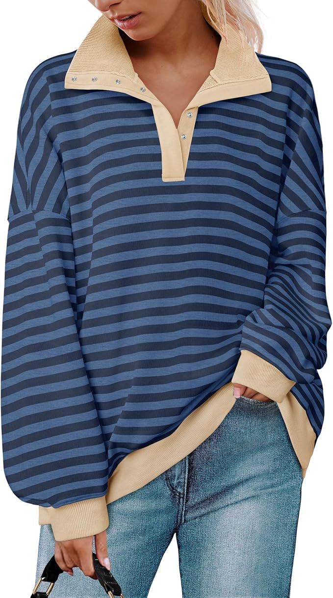 ZESICA Sweatshirts for Womens Long Sleeve Lapel V Neck Striped Oversized Tops | Amazon (US)