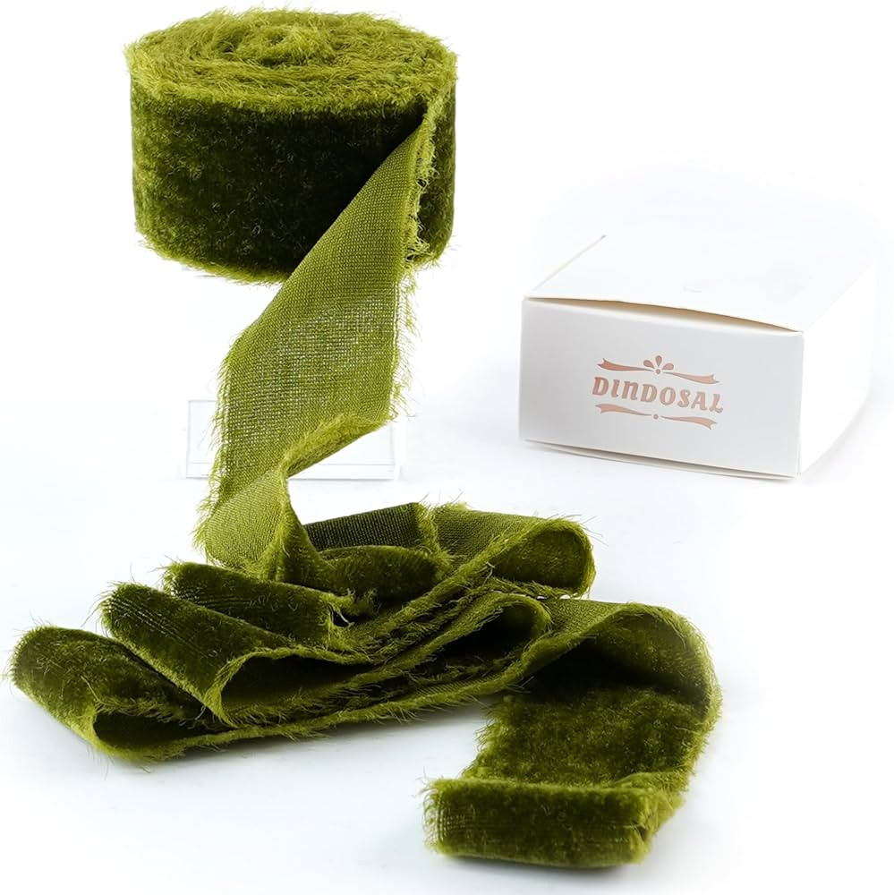 Moss Green Silk Velvet Ribbon 1.5 Inch Olive Green Frayed Edge Ribbon Rustic Style Fringe Gift Ri... | Amazon (US)