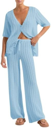 Imily Bela Women's Summer 2 Piece Swimsuit Cover up Crochet Knit Cardigan Tops Long Pants Set Bat... | Amazon (US)