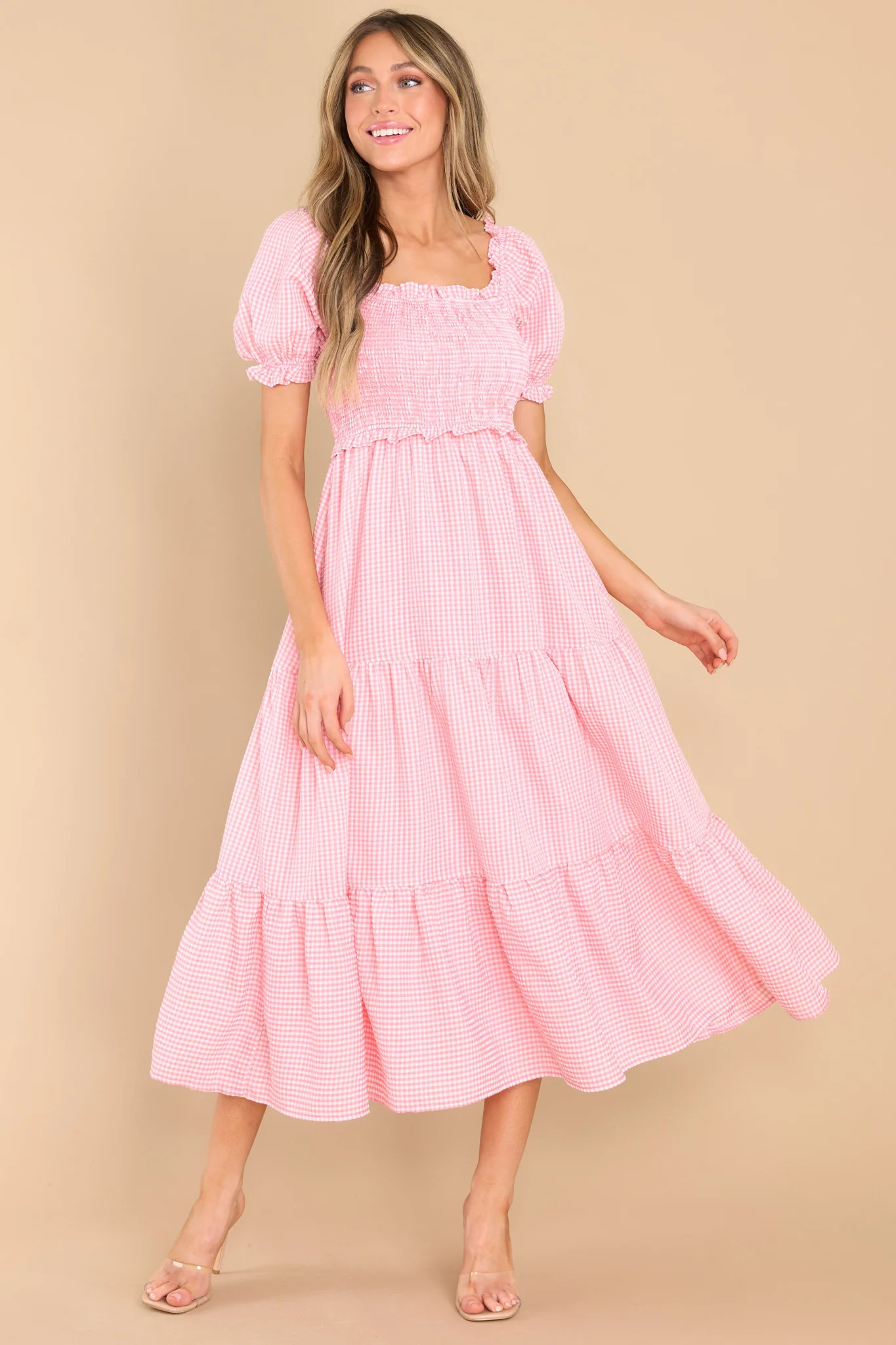 Acts Of Kindness Coral Pink Gingham Midi Dress | Red Dress 