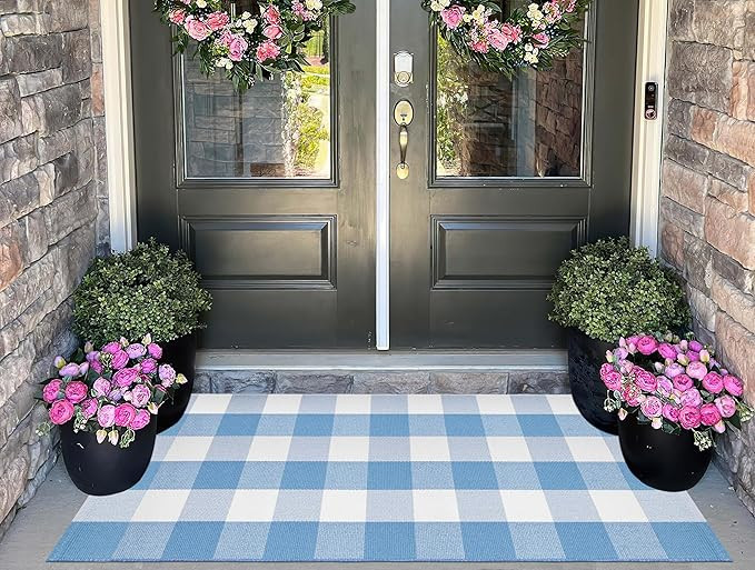 Front Porch Rug 24''x51''Checkered Plaid Outdoor Rug Cotton Woven Washable Door Mat Outdoor for L... | Amazon (US)
