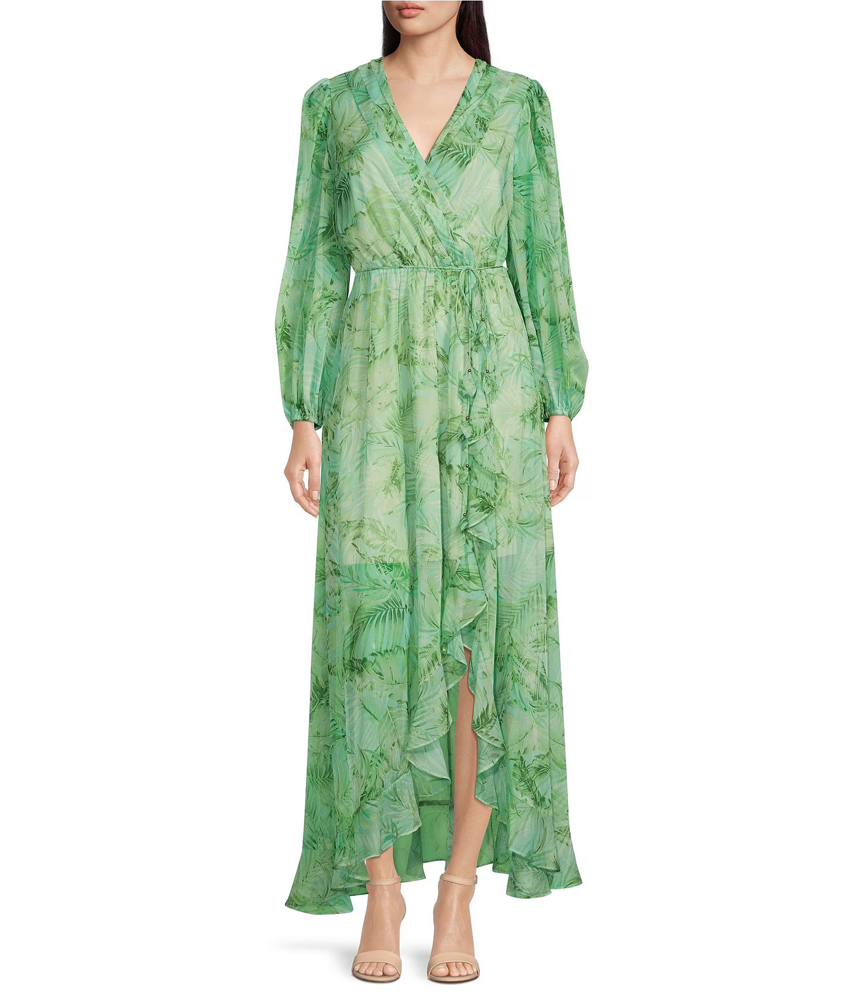 Hallie Palm Print Chiffon Elastic Waist Maxi Dress | Dillard's