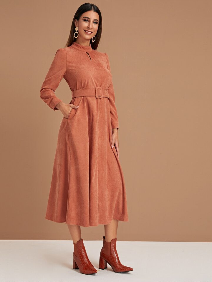 Keyhole Front Self Tie Corduroy Dress | SHEIN