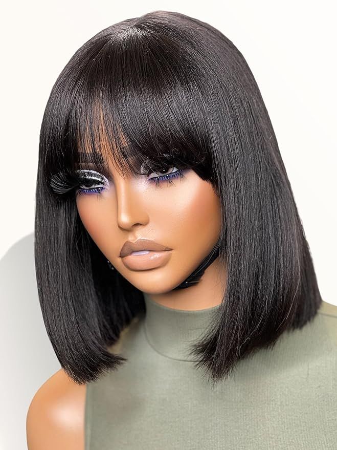 LUVME HAIR 10 Inch Light Yaki Straight Bob Wig with Bangs Human Hair Realistic HD Lace Short Blac... | Amazon (US)