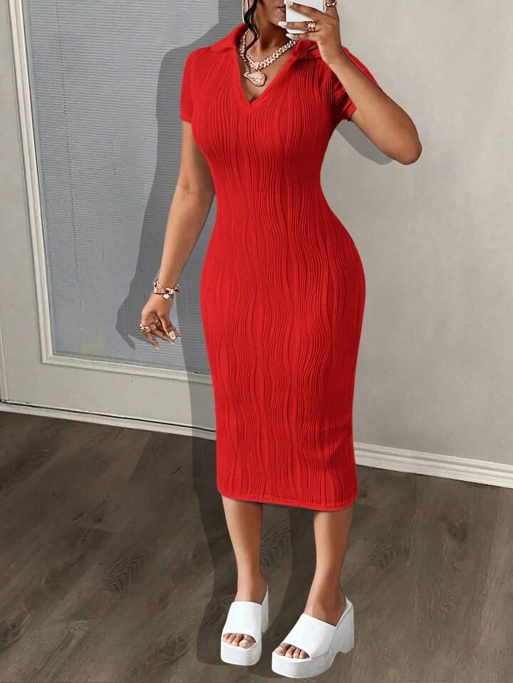 Slaydiva Summer Casual Elegant Simple Basic Model New Lapel V-Neck Short-Sleeved Slim Long Skirt ... | SHEIN