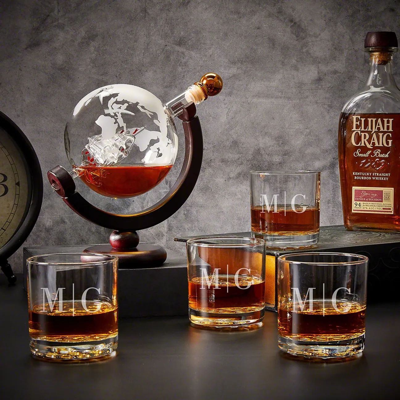 Monogrammed Whiskey Globe Decanter Set with Rocks Glasses - 5pc Quinton | HomeWetBar.com