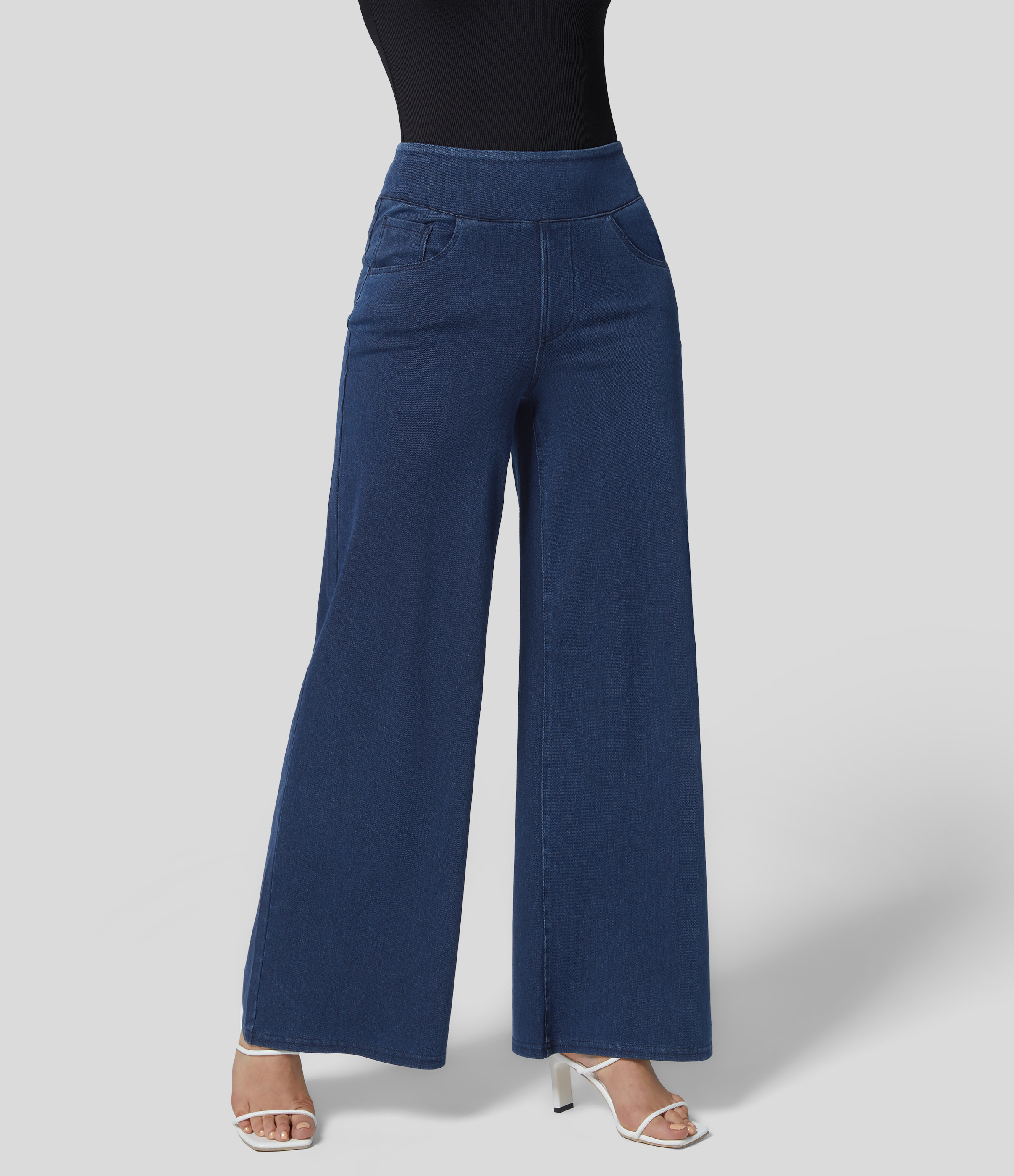 Halara Halara Flex™ High Waisted Pockets Wide Leg Loose Work Jeans - Washed Denim Navy Blue - S(regular) | HALARA