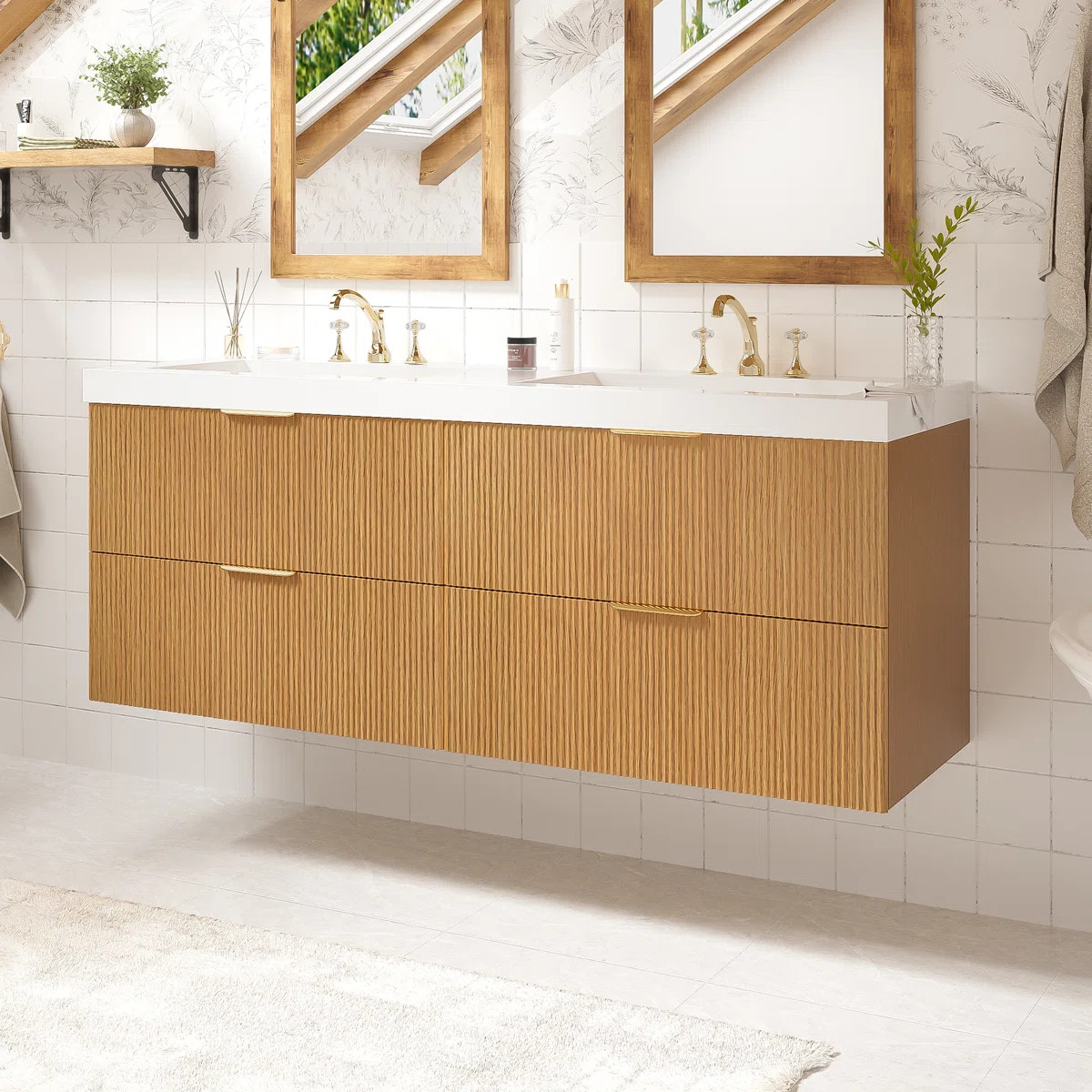 Double Bathroom Vanity With 4 Drawers, Floating Wall-Mounted Storage, Fluted Face With Gold Handl... | Wayfair North America