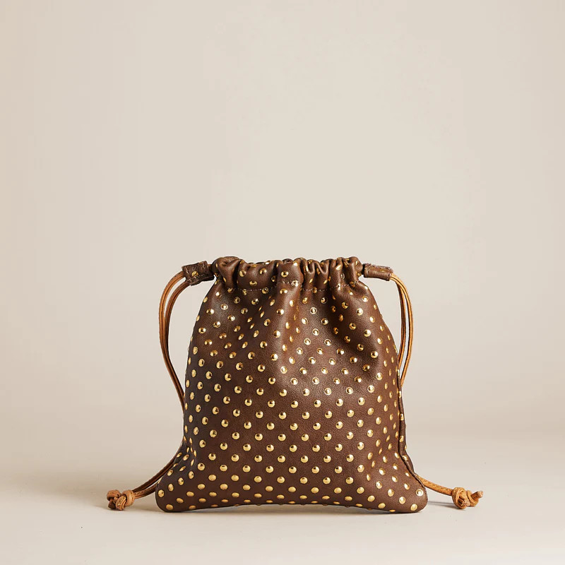 Drawstring Pouch - Leather Brown w/ Embossed Gold Dots | Parker Thatch