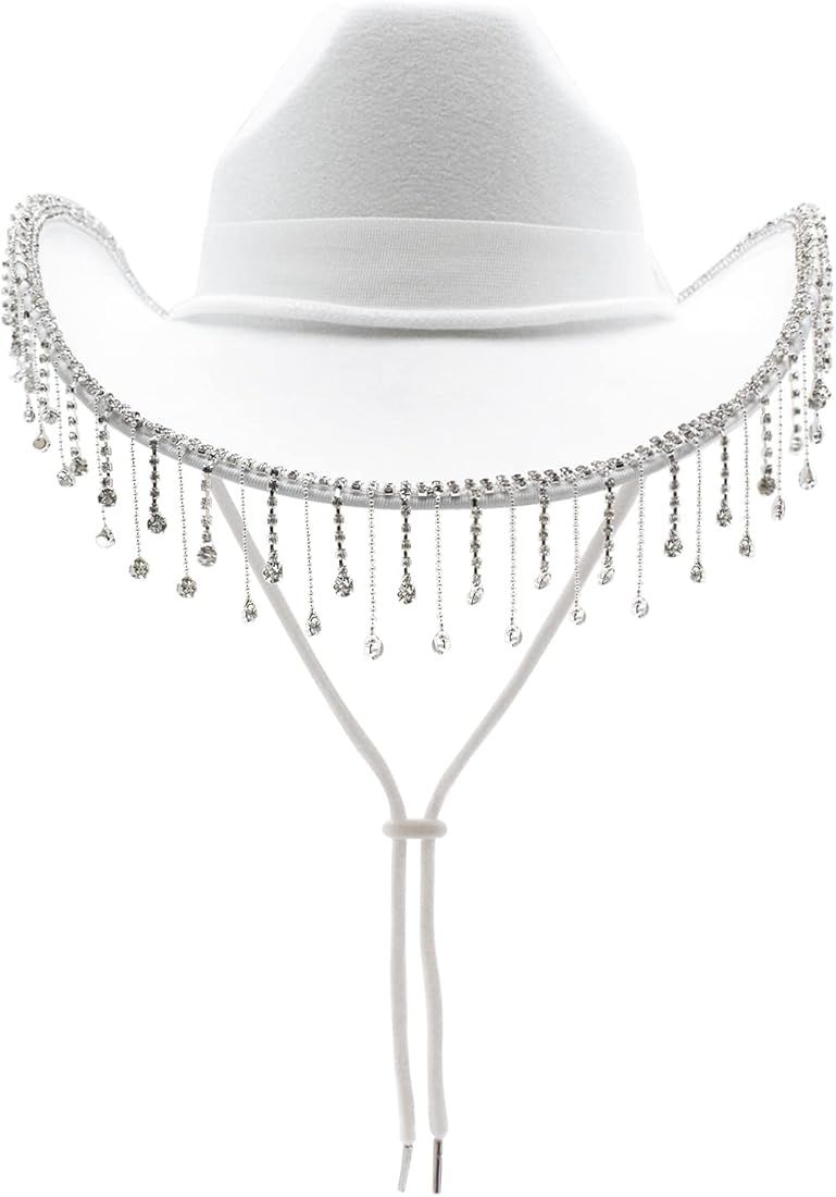 MUMUWU Cowgirl Hat with Rhinestone Fringe Wide Brim Western Style Cowboy Hat for Women for Party ... | Amazon (US)