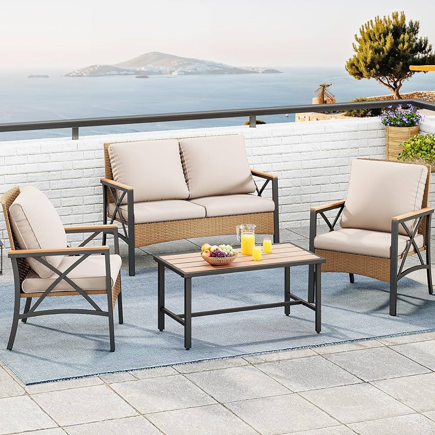 YITAHOME 4-Piece Patio Wicker Furniture Set with Wood Armrest, All Weather Rattan Conversation Fu... | Amazon (US)