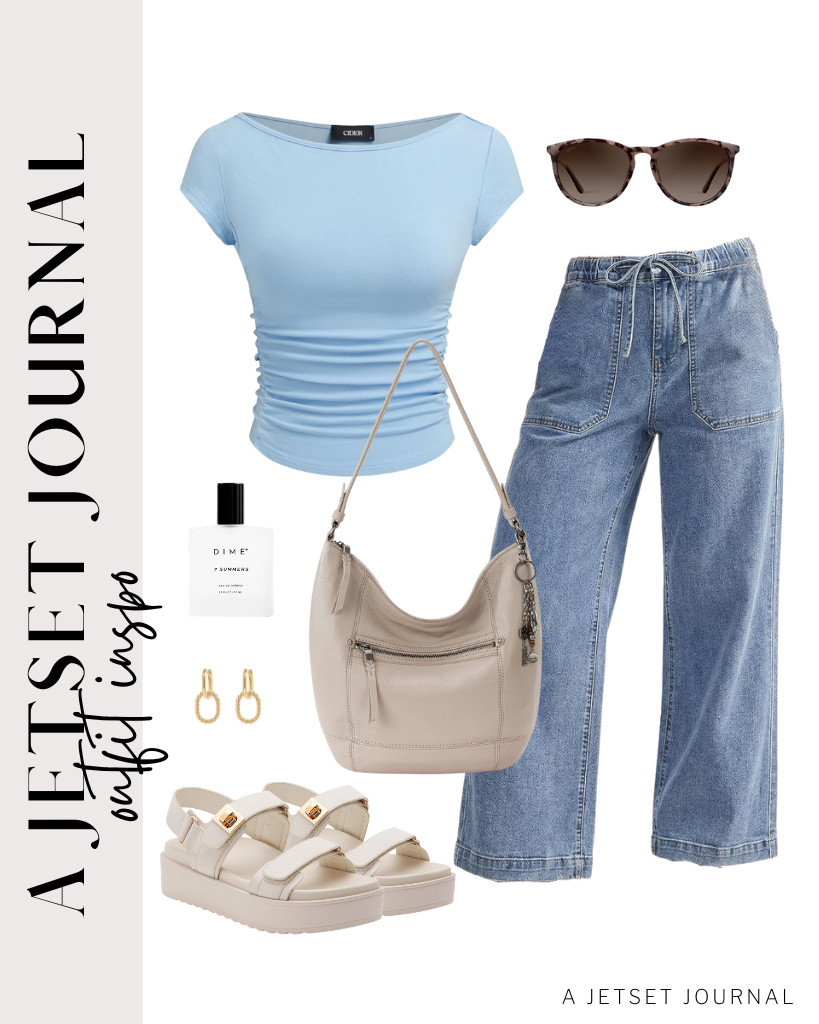 This light-blue CIDER boat-neck fitted T-shirt goes well with these stretchy jeans from GRAPENT. Grab your The Sak Sequoia bag for this fit and step into these trendy flat sandals to complete the look.

#LTKSeasonal #LTKSaleAlert #LTKTravel
 

 