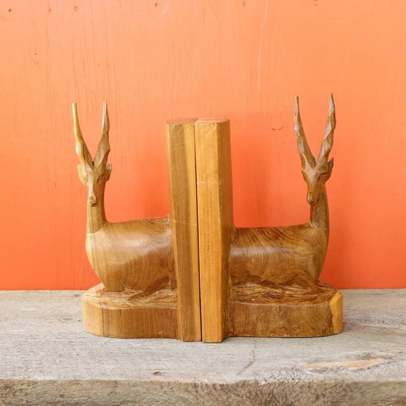 vintage carved wood bookends . wooden deer antelope bookends . 1960s handmade book ends . mid centur | Etsy (US)