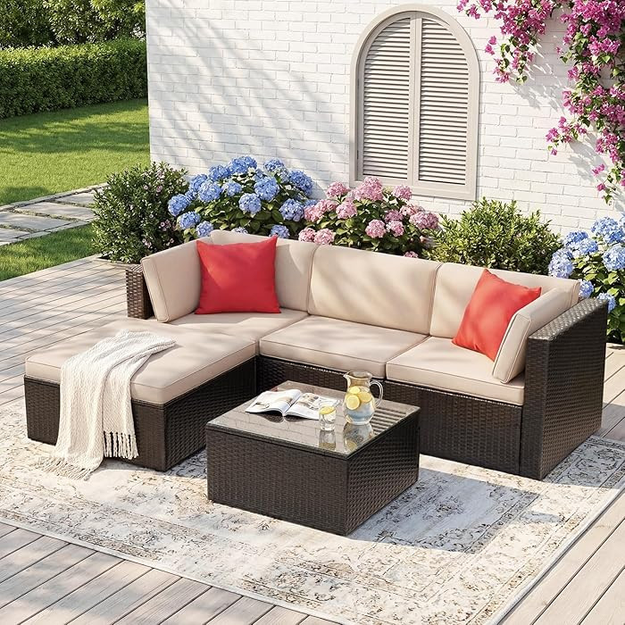 Devoko 5 Pieces Patio Furniture Sets All Weather Outdoor Sectional Patio Sofa Manual Weaving Wick... | Amazon (US)