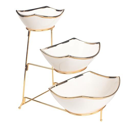 LIUYWYHCF 3-Tier Serving Rack with Ceramic Serving Bowls, Foldable Gold Stand with 3 Pieces 7.1"+8.5"+10.2" Gold Rim Large Bowls, Bowl for Food Display, Fruit, Dessert Server Display and Entertaining | Amazon (US)
