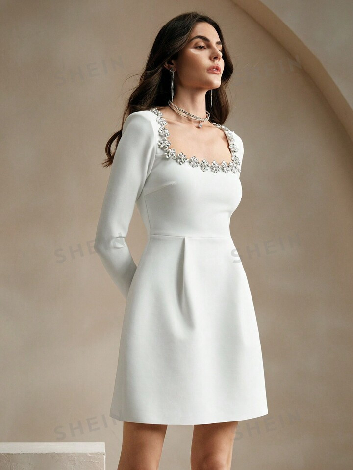 Anewsta Elegant Diamond Decorated Square Neck White Formal Gown | SHEIN