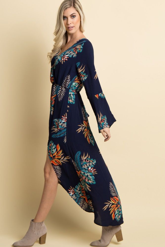 Navy Palm Print Chiffon Bell Sleeve Wrap Maxi Dress | PinkBlush Maternity