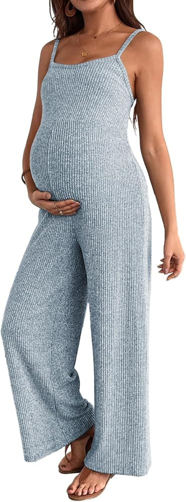 BLENCOT Maternity Ribbed Jumpsuit Sleeveless Square Neck Wide Leg Stretchy One Piece Romper | Amazon (US)